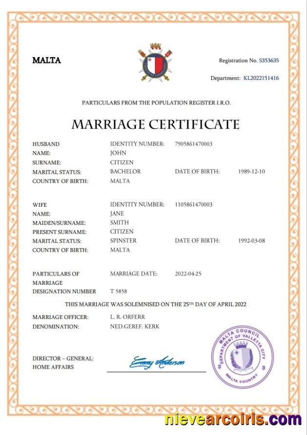 Malta marriage certificate